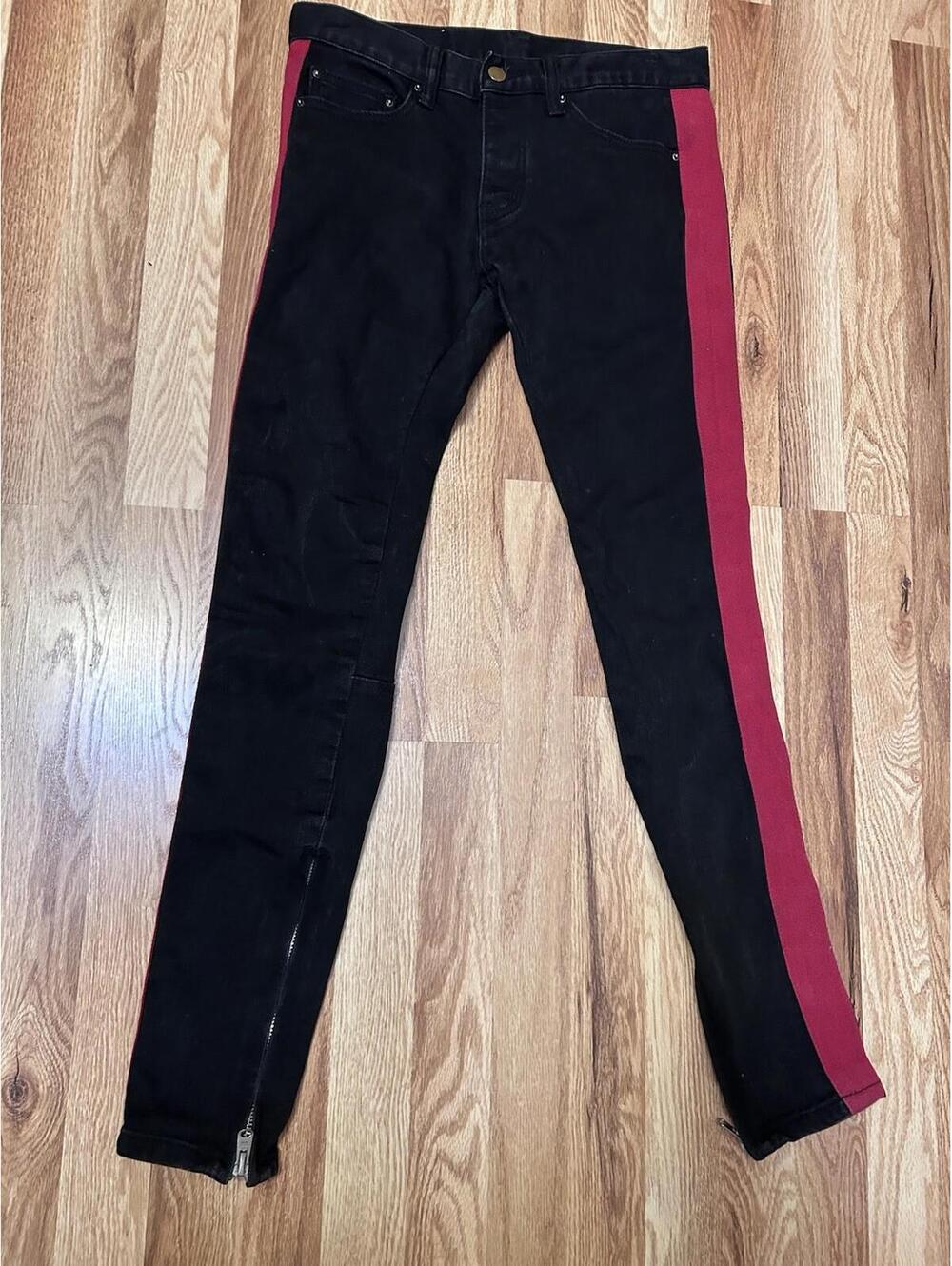 MNML Black And Red M75 Track Stretch Denim Jeans Zip Bottoms 28